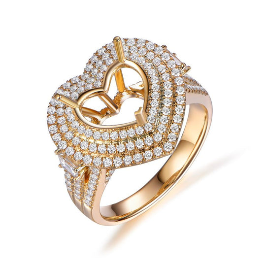 Heart Cut Triple Halo Semi Mount Ring 14K Gold