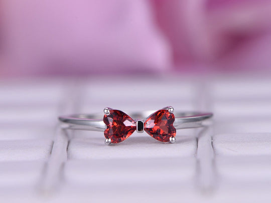 Heart Garnet Tie Bow Ring 14K White Gold