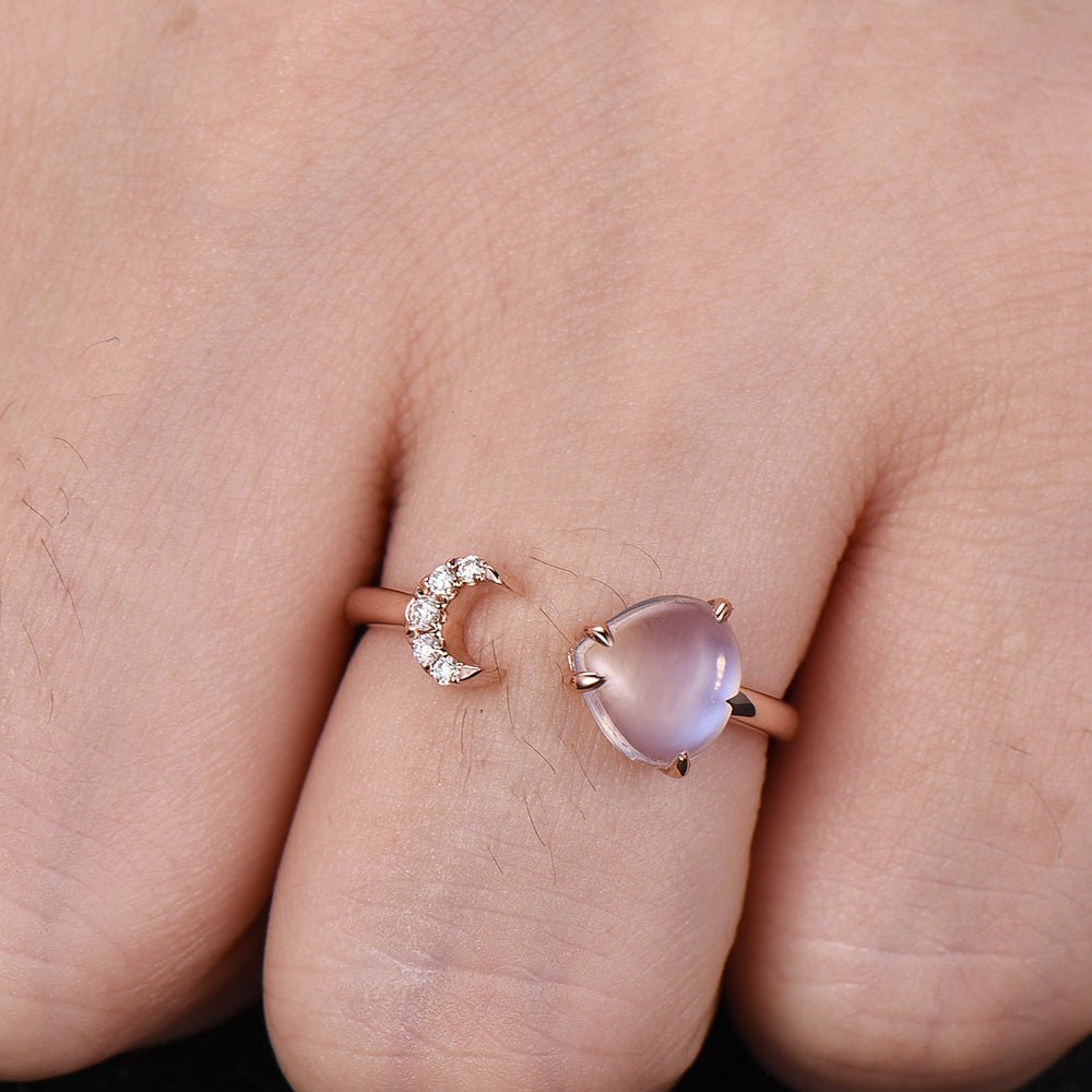 Heart Moonstone Accompanied Diamond Crescent Ring - Lord of Gem Rings