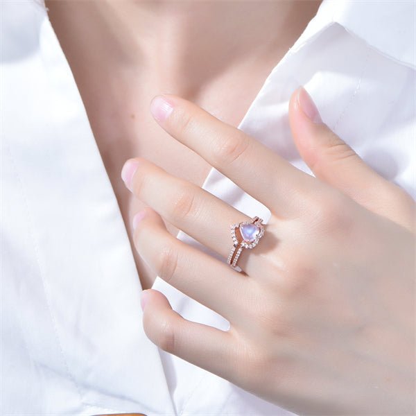 Heart Moonstone Diamond Half Halo Ring Bridal Set 14k Rose Gold - Lord of Gem Rings