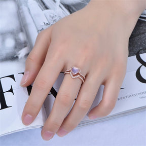 Heart Moonstone Diamond Half Halo Ring Bridal Set 14k Rose Gold - Lord of Gem Rings