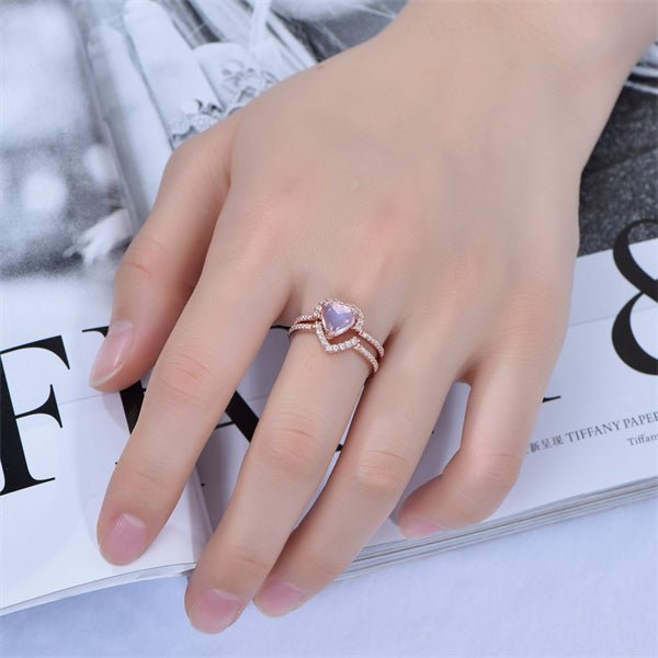Heart Moonstone Diamond Half Halo Ring Bridal Set 14k Rose Gold - Lord of Gem Rings