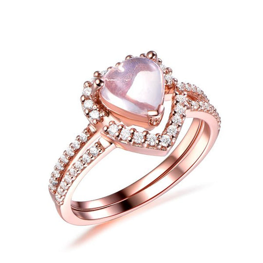Heart Moonstone Diamond Half Halo Ring Bridal Set 14k Rose Gold