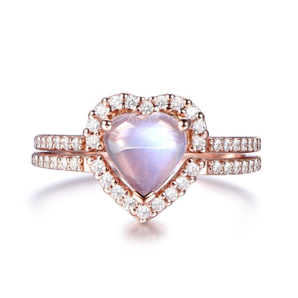 Heart Moonstone Diamond Half Halo Ring Bridal Set 14k Rose Gold - Lord of Gem Rings