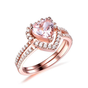 Heart Morganite Diamond Engagement Ring Bridal Set 14k Rose Gold - Lord of Gem Rings