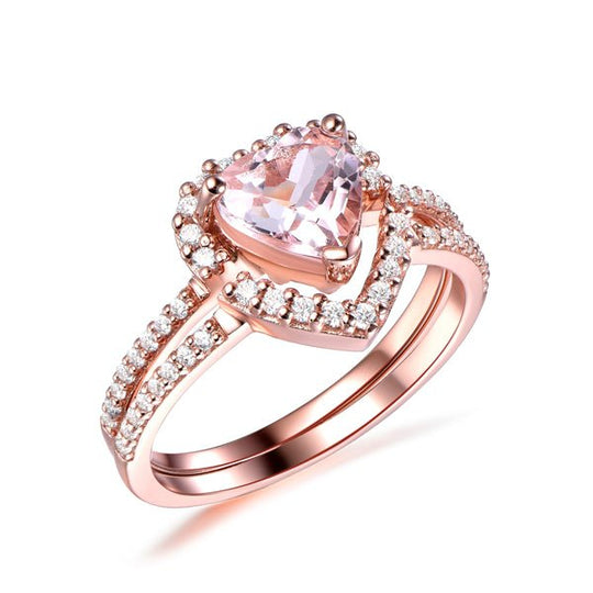 7mm Heart Morganite Engagement Half Halo Bridal Set 14k Gold