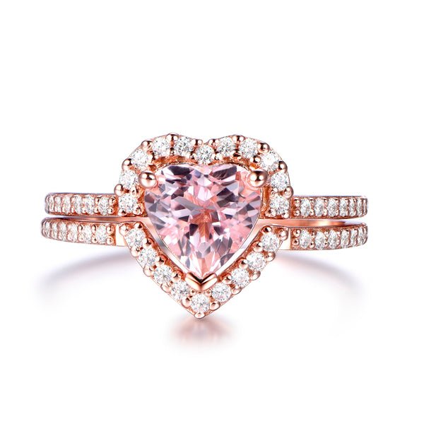 Heart Morganite Diamond Engagement Ring Bridal Set 14k Rose Gold - Lord of Gem Rings