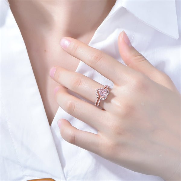 Heart Morganite Diamond Engagement Ring Bridal Set 14k Rose Gold - Lord of Gem Rings