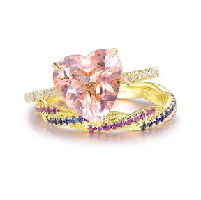 Heart Morganite Engagement Ring with Sapphire Amethyst Band Bridal Set in 14K Gold - Lord of Gem Rings