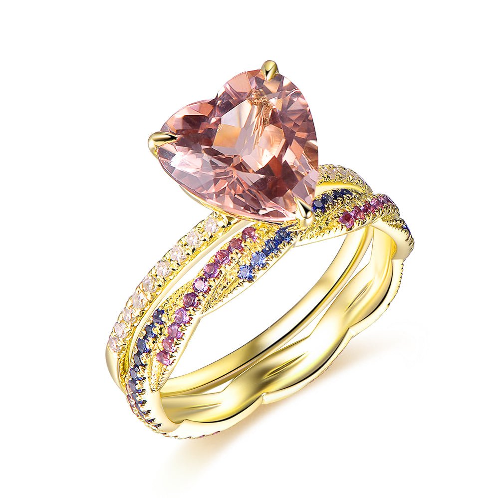 Heart Morganite Engagement Ring with Sapphire Amethyst Band Bridal Set in 14K Gold - Lord of Gem Rings