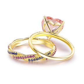 Heart Morganite Engagement Ring with Sapphire Amethyst Band Bridal Set in 14K Gold - Lord of Gem Rings