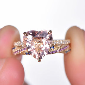 Heart Morganite Engagement Ring with Sapphire Amethyst Band Bridal Set in 14K Gold - Lord of Gem Rings