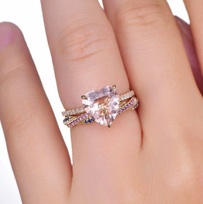 Heart Morganite Engagement Ring with Sapphire Amethyst Band Bridal Set in 14K Gold - Lord of Gem Rings