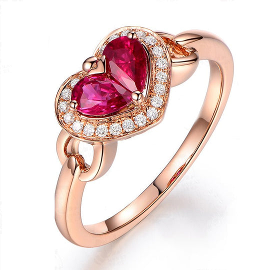 Heart Ruby Diamond Halo Engagement Ring 14K Gold