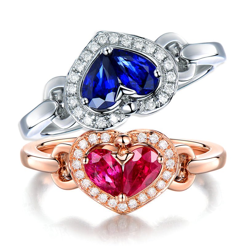 Heart Ruby Diamond Halo Engagement Ring 14K Gold - Lord of Gem Rings