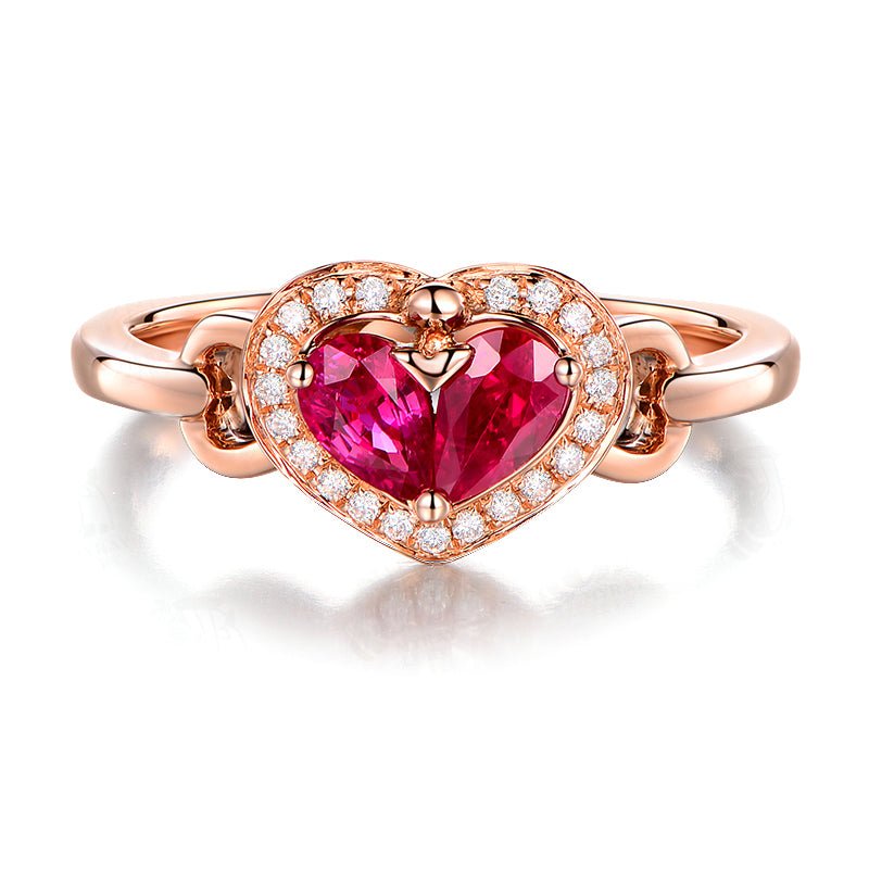 Heart Ruby Diamond Halo Engagement Ring 14K Gold - Lord of Gem Rings