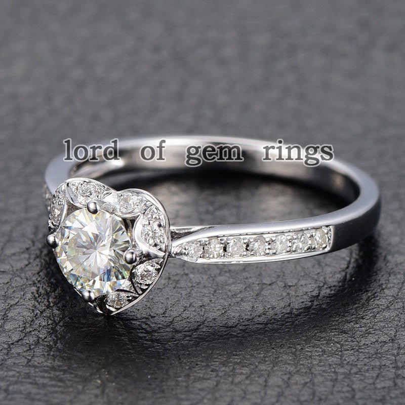 Heart Scalloped Diamond Halo Round Moissanite Ring - Lord of Gem Rings