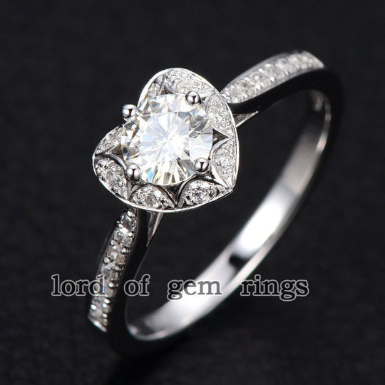 Heart Scalloped Diamond Halo Round Moissanite Ring