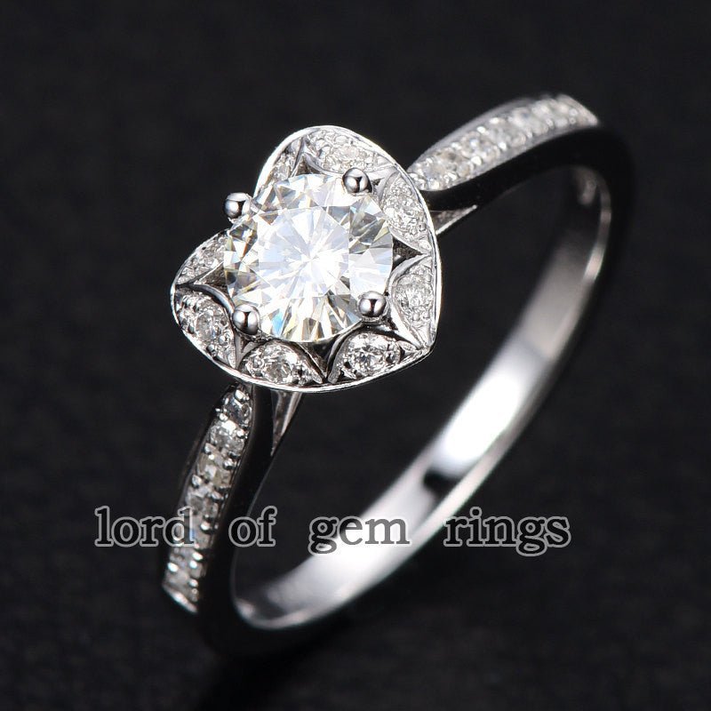 Heart Scalloped Diamond Halo Round Moissanite Ring - Lord of Gem Rings