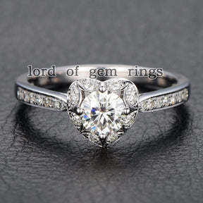 Heart Scalloped Diamond Halo Round Moissanite Ring - Lord of Gem Rings