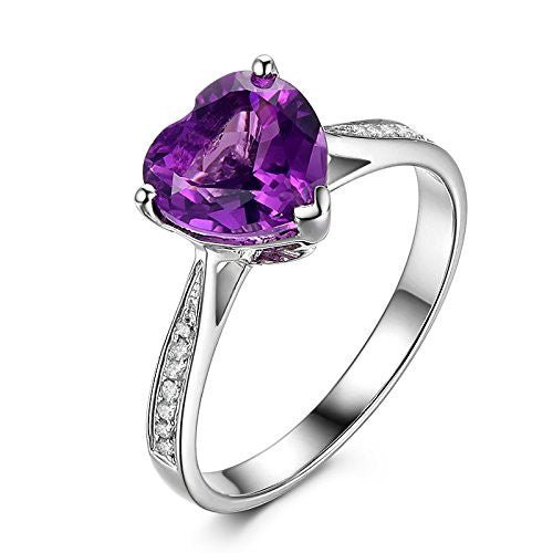 Heart Shape Purple Amethyst Diamond Tapered 14K White Gold - Lord of Gem Rings