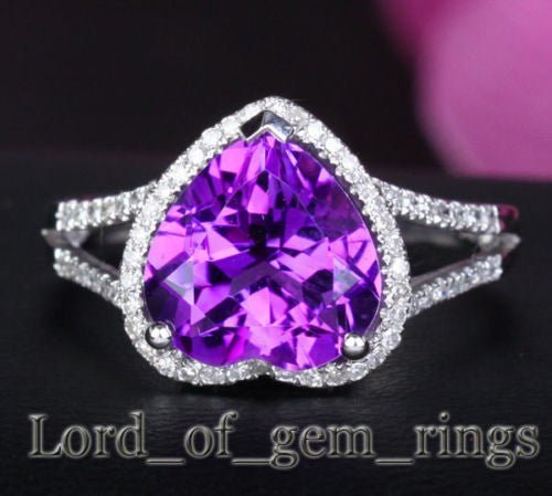 Heart Shaped Amethyst Diamond Halo Split Shank Ring 14k White Gold