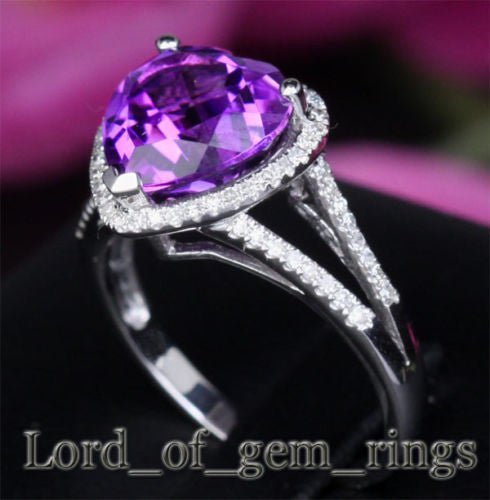 Heart Shaped Amethyst Diamond Halo Split Shank Ring 14k White Gold - Lord of Gem Rings