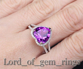 Heart Shaped Amethyst Diamond Halo Split Shank Ring 14k White Gold - Lord of Gem Rings