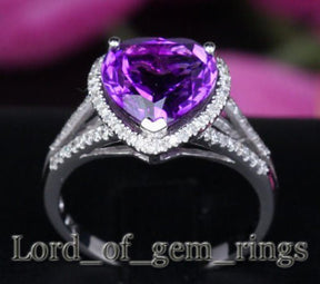 Heart Shaped Amethyst Diamond Halo Split Shank Ring 14k White Gold - Lord of Gem Rings