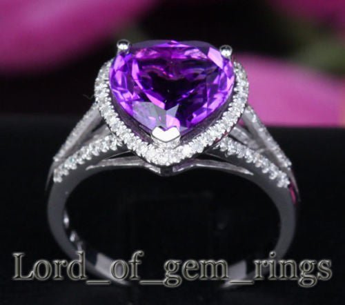 Heart Shaped Amethyst Diamond Halo Split Shank Ring 14k White Gold - Lord of Gem Rings