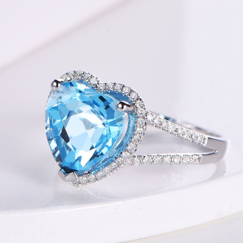 Heart Shaped Blue Topaz and Diamond Split Shank Ring 14K White Gold - Lord of Gem Rings