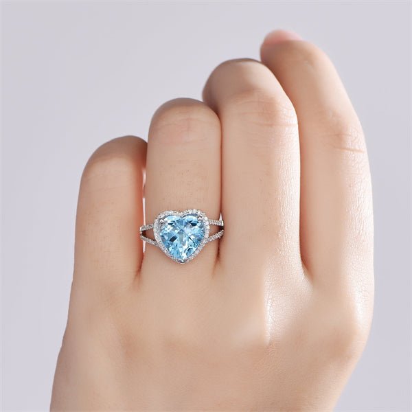 Heart Shaped Blue Topaz and Diamond Split Shank Ring 14K White Gold - Lord of Gem Rings