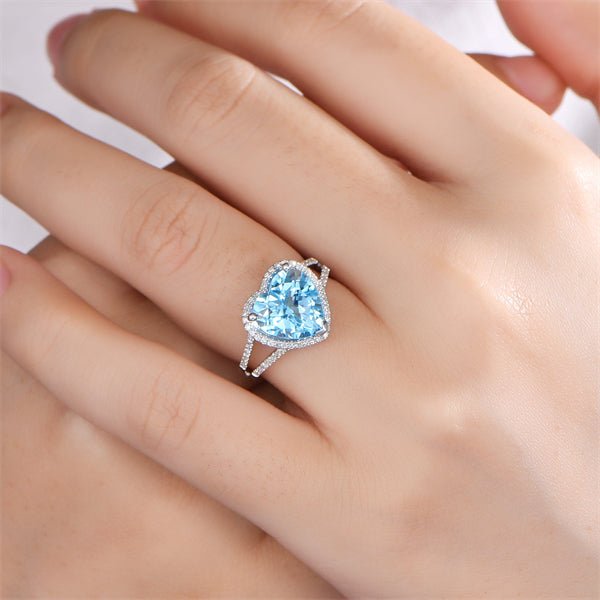 Heart Shaped Blue Topaz and Diamond Split Shank Ring 14K White Gold - Lord of Gem Rings