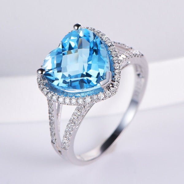 Heart Shaped Blue Topaz and Diamond Split Shank Ring 14K White Gold