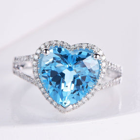 Heart Shaped Blue Topaz and Diamond Split Shank Ring 14K White Gold - Lord of Gem Rings