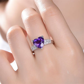 Heart Shaped Purple Amethyst Full Cut Diamond Lovely Hearts Ring - Lord of Gem Rings