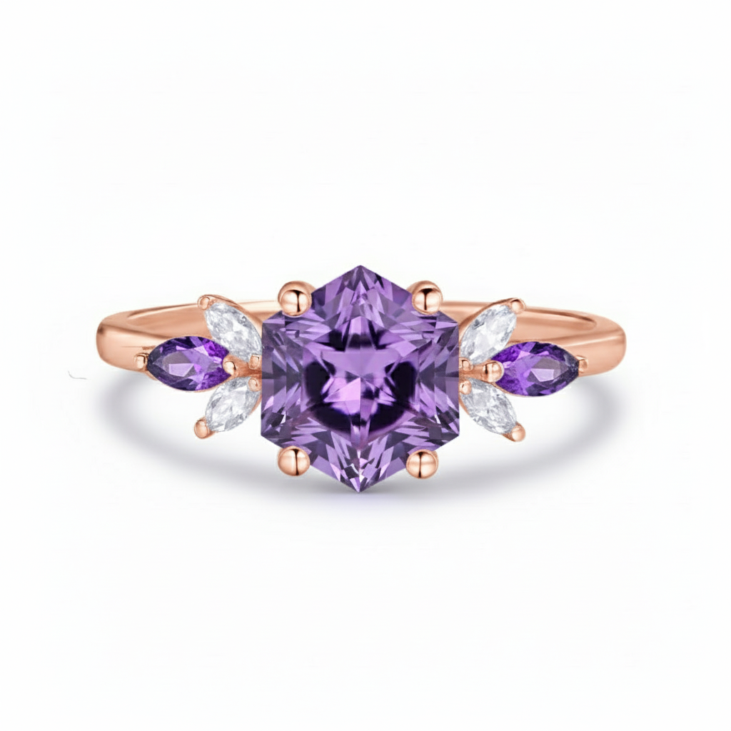 Custom Hexagon Amethyst & Marquise Moissanite Leaf Ring in 14K White Gold