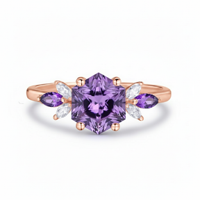 Custom Hexagon Amethyst & Marquise Moissanite Leaf Ring in 14K White Gold