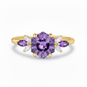 Custom Hexagon Amethyst & Marquise Moissanite Leaf Ring in 14K White Gold