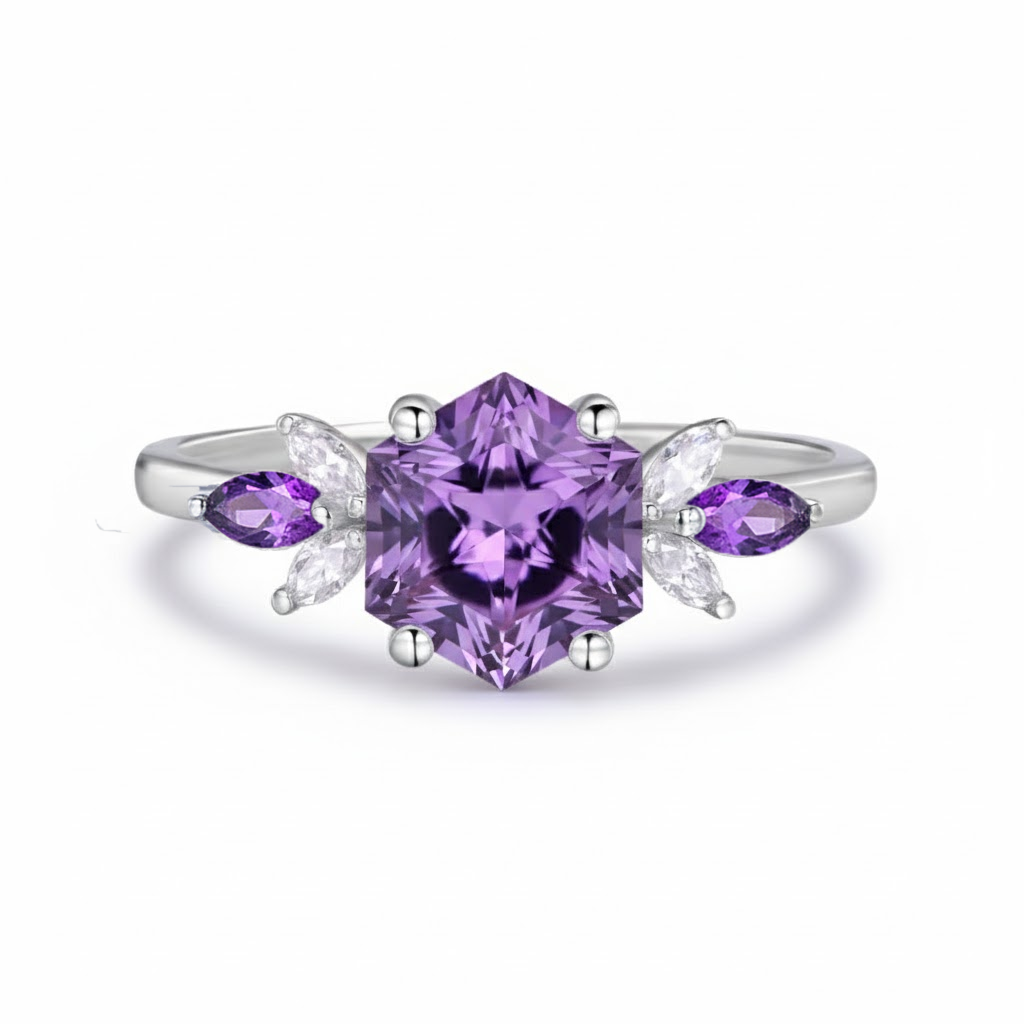 Custom Hexagon Amethyst & Marquise Moissanite Leaf Ring in 14K White Gold