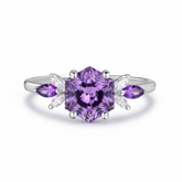 Custom Hexagon Amethyst & Marquise Moissanite Leaf Ring in 14K White Gold