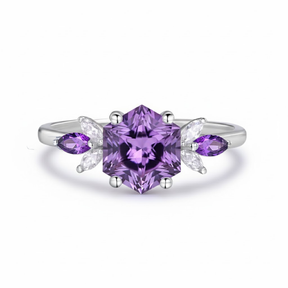 Custom Hexagon Amethyst & Marquise Moissanite Leaf Ring in 14K White Gold