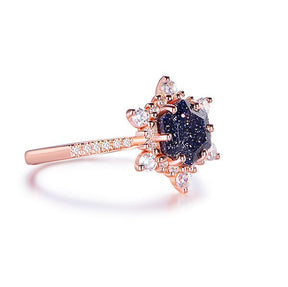 Hexagon Blue Sandstone Floral Diamond Halo Engagement Ring 14K Rose Gold - Lord of Gem Rings