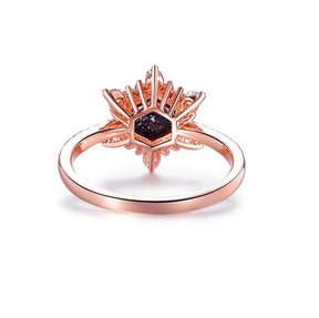 Hexagon Blue Sandstone Floral Diamond Halo Engagement Ring 14K Rose Gold - Lord of Gem Rings