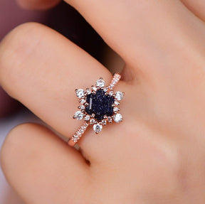 Hexagon Blue Sandstone Floral Diamond Halo Engagement Ring 14K Rose Gold - Lord of Gem Rings