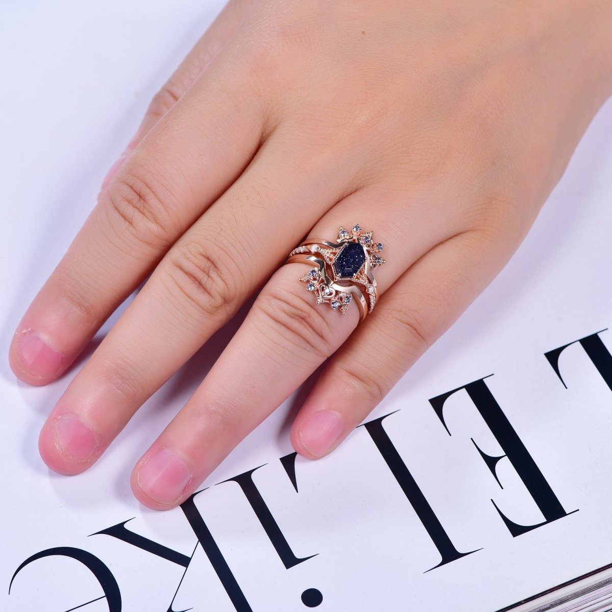 Hexagon Blue Sandstone Ring Alexandrite Ring Guard Bridal Set - Lord of Gem Rings