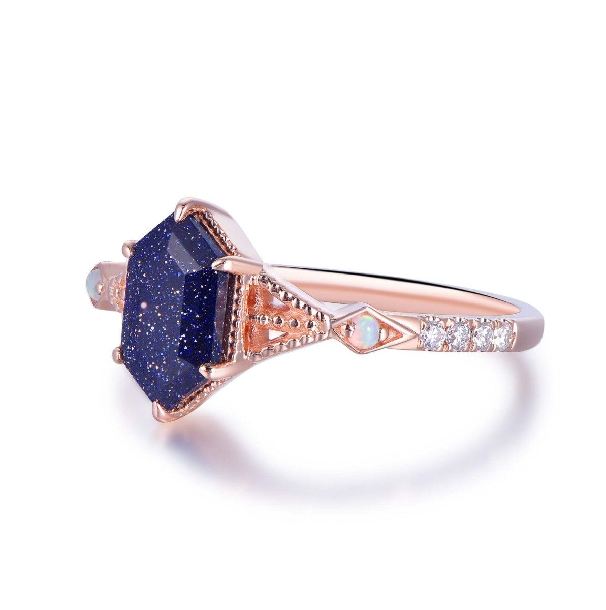 Hexagon Blue Sandstone Ring,14K Gold/Silver - Lord of Gem Rings
