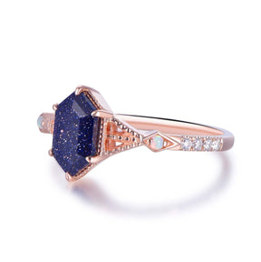 Hexagon Blue Sandstone Ring,14K Gold/Silver - Lord of Gem Rings