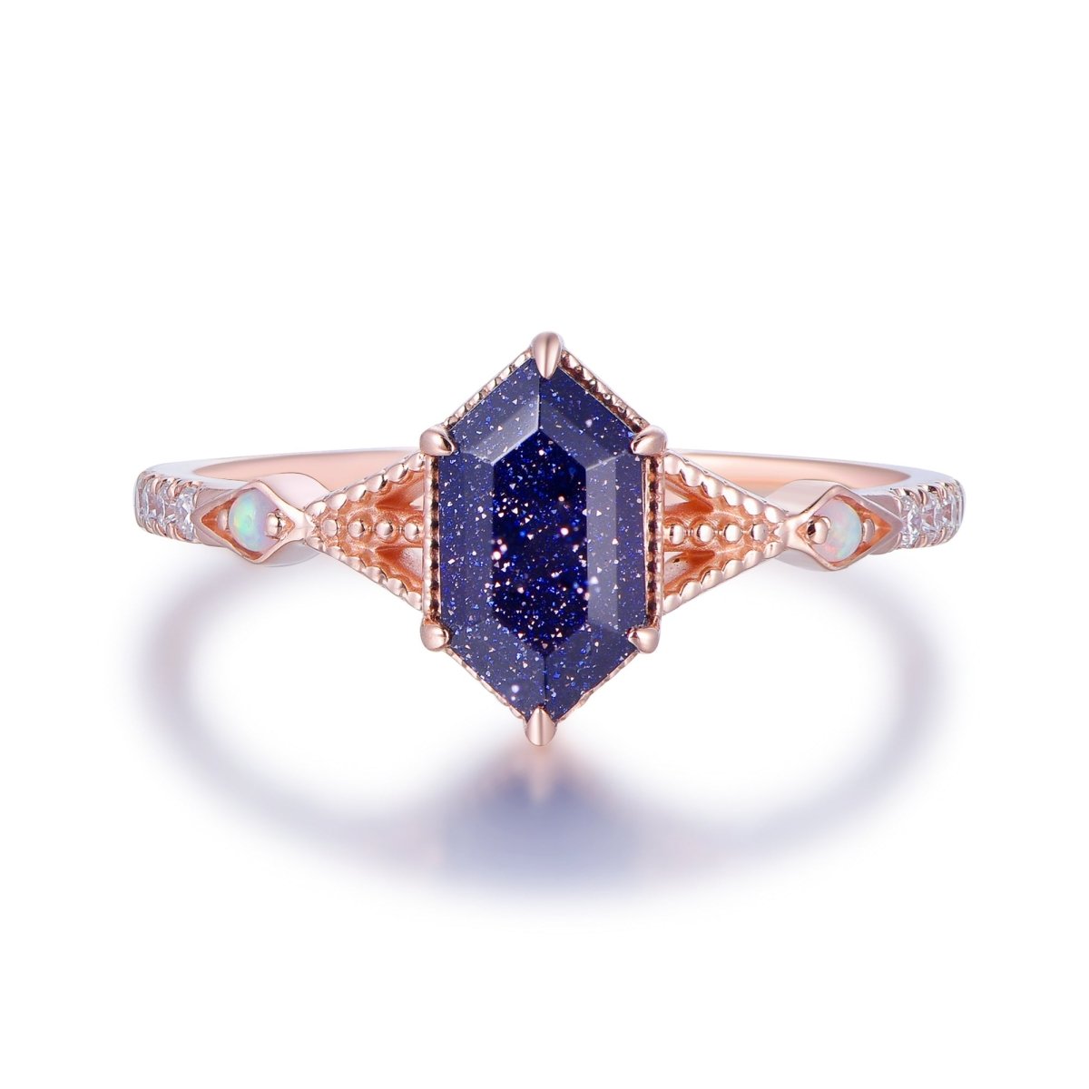Hexagon Blue Sandstone Ring,14K Gold/Silver - Lord of Gem Rings