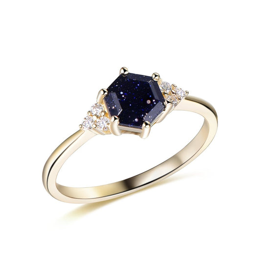 Hexagon Blue Sandstone triple Accent Moissanite Engagement Ring 14K Gold
